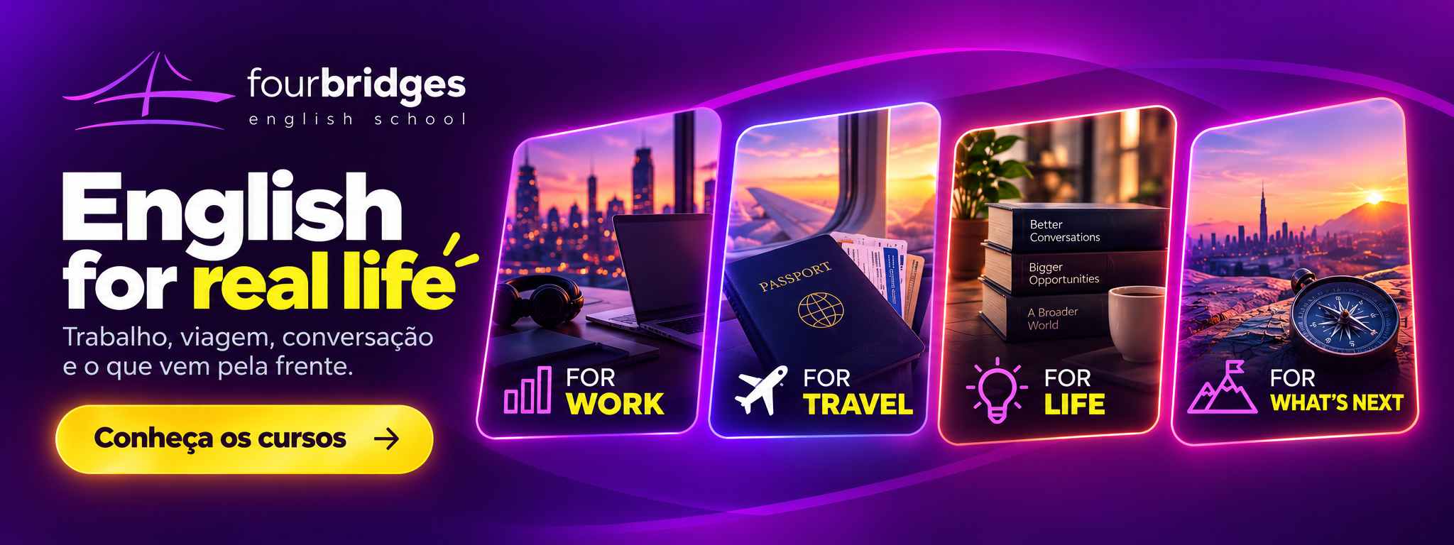 Banner English for real life com os caminhos for work, for travel, for life e for what's next
