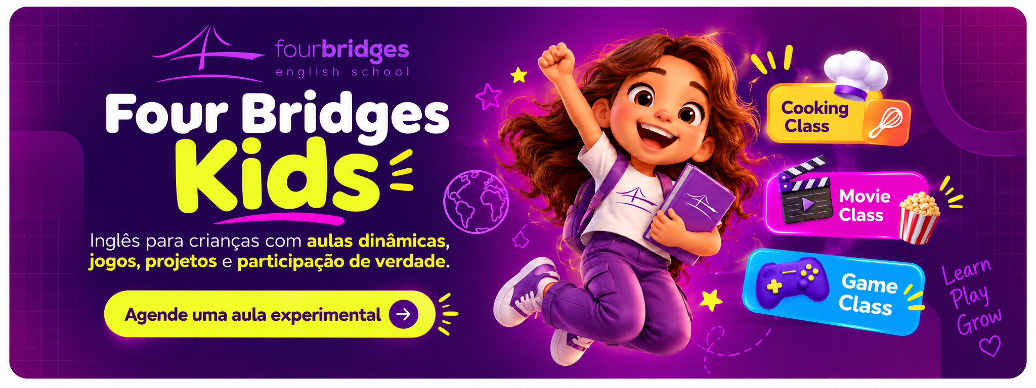 Banner Four Bridges Kids com aulas dinâmicas, jogos, projetos, Cooking Class, Movie Class e Game Class