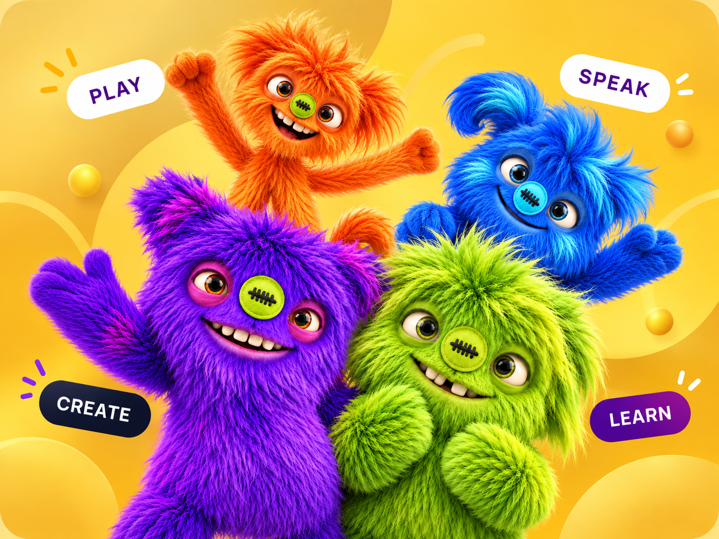 Quatro mascotes coloridos da Four Bridges Kids com as palavras Play, Speak, Create e Learn