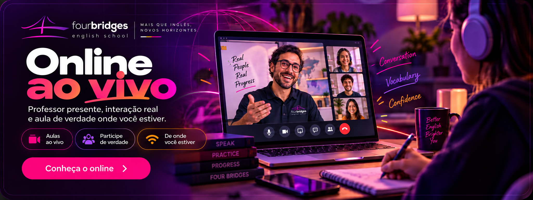 Banner Online ao vivo com professor presente, interação real e aula de verdade onde você estiver