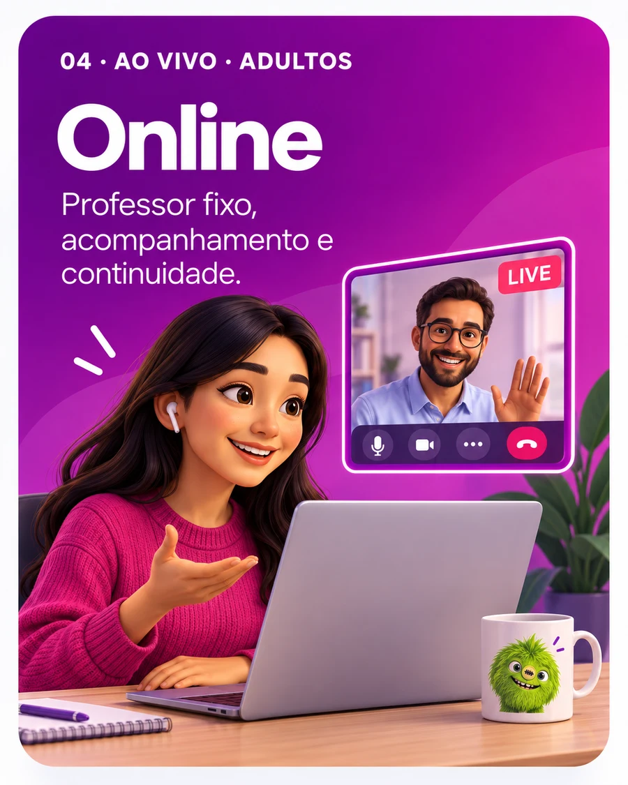 Card das aulas Online — professor fixo, acompanhamento e continuidade.