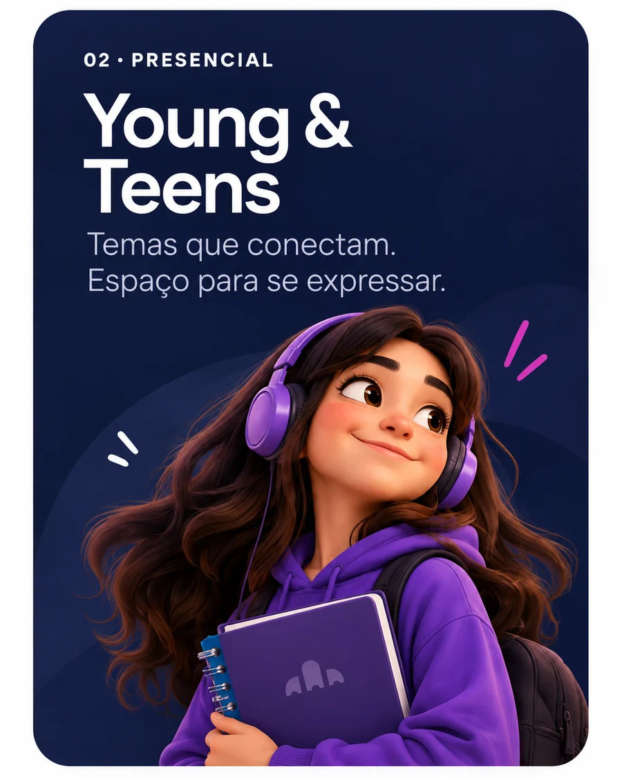Card do curso Young & Teens — temas que conectam e espaço para se expressar.